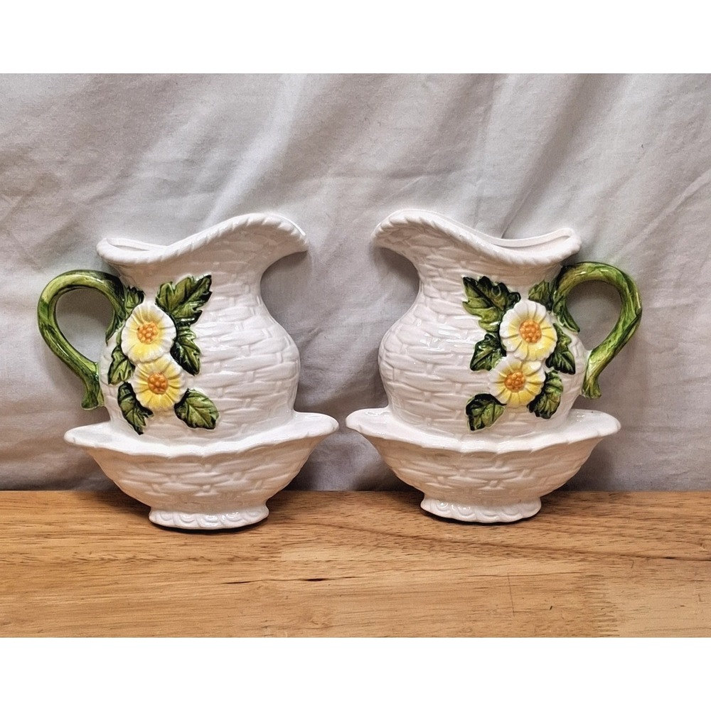 Vintage Geo Z Lefton Wall Pocket Wash Basin & Pitcher #4467 Yellow Daisies Japan
